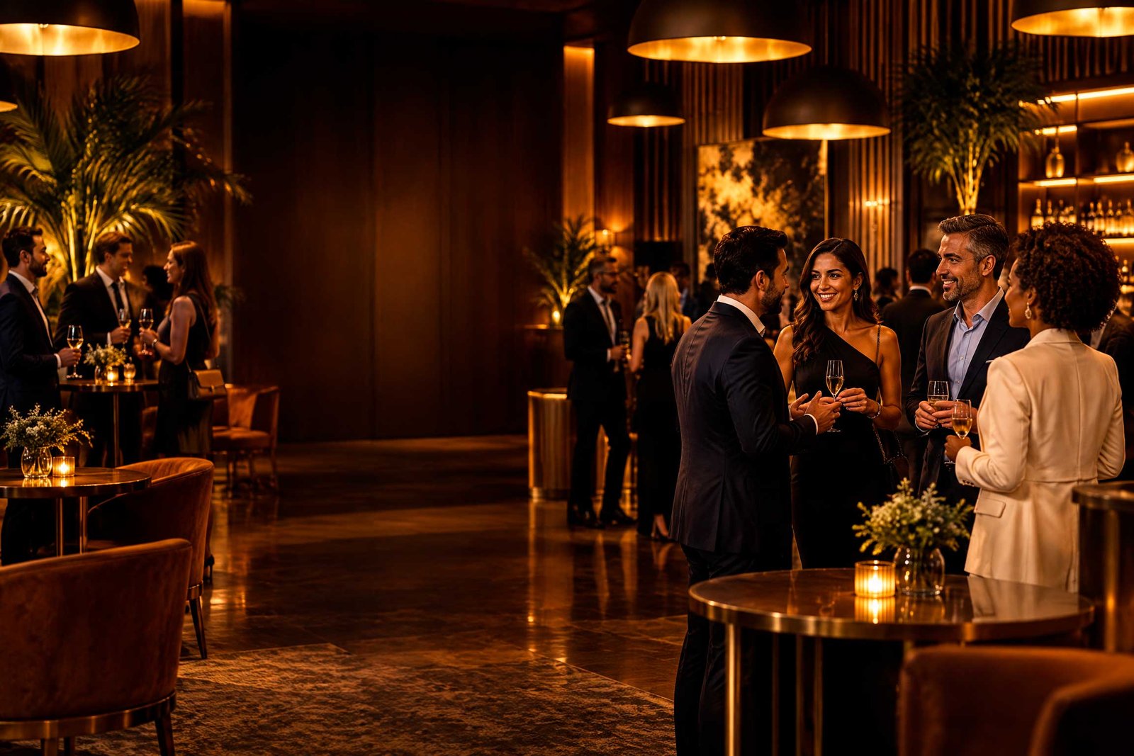 Profissionais conversando em um lounge de networking